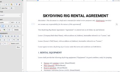 SKYDIVING RIG RENTAL AGREEMENT – PROPOSAL